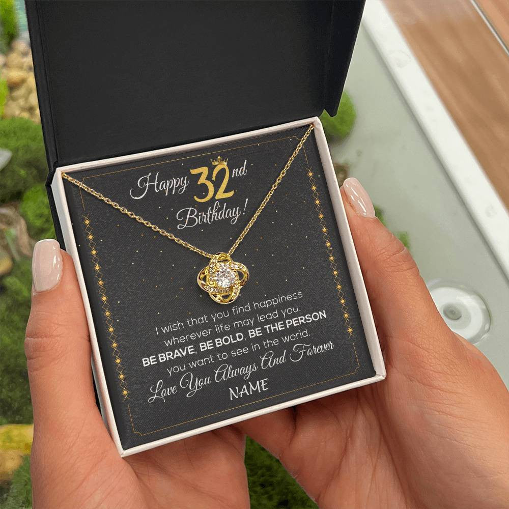 Love Knot Necklace 18K Yellow Gold Finish | 2 | Personalized Happy 32nd Birthday Necklace For Her Girls Daughter Niece Sister Goddaughter Granddaughter 32 Year Old Birthday Customized Gift Box Message Card | teecentury