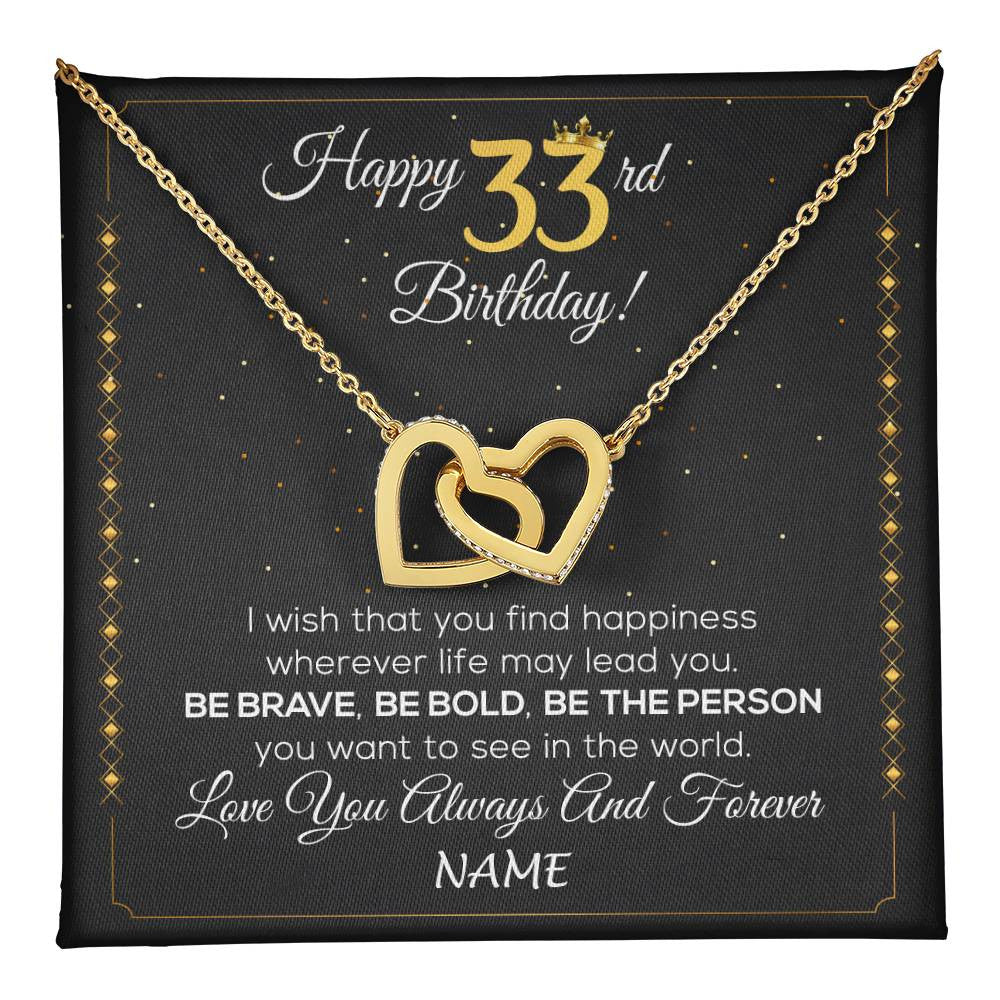 Interlocking Hearts Necklace 18K Yellow Gold Finish | 1 | Personalized Happy 33rd Birthday Necklace For Her Girls Daughter Niece Sister Goddaughter Granddaughter 33 Year Old Birthday Customized Gift Box Message Card | teecentury