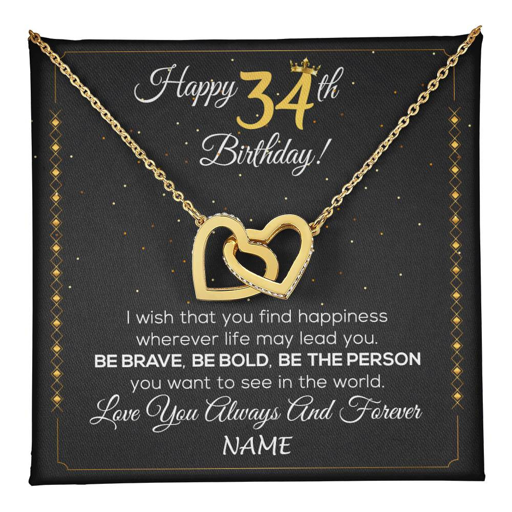 Interlocking Hearts Necklace 18K Yellow Gold Finish | 1 | Personalized Happy 34Th Birthday Necklace For Her Girls Daughter Niece Sister Goddaughter Granddaughter 34 Year Old Birthday Customized Gift Box Message Card | teecentury