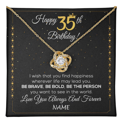 Love Knot Necklace 18K Yellow Gold Finish | 1 | Personalized Happy 35Th Birthday Necklace For Her Girls Daughter Niece Sister Goddaughter Granddaughter 35 Year Old Birthday Customized Gift Box Message Card | teecentury