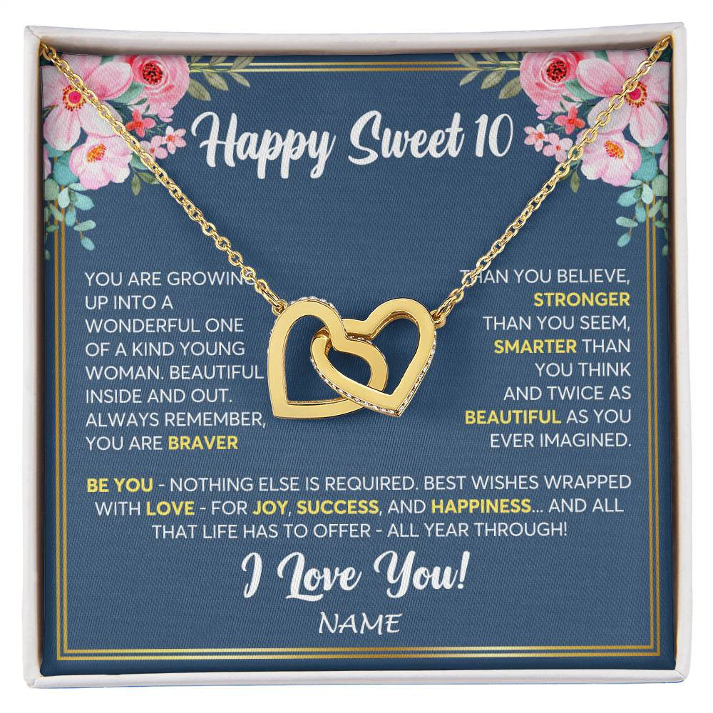 Interlocking Hearts Necklace 18K Yellow Gold Finish | Personalized Happy Sweet 10 For Girls Necklace Sweet Ten 10th Birthday Gifts For 10 Ten Old For Girl Niece Daughter Customized Gift Box Message Card | teecentury