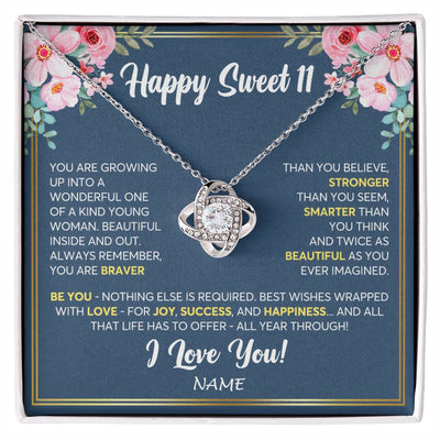 Love Knot Necklace 14K White Gold Finish | Personalized Happy Sweet 11 For Girls Necklace Sweet Eleven 11th Birthday Gifts For 11 Eleven Old For Girl Niece Daughter Customized Gift Box Message Card | teecentury