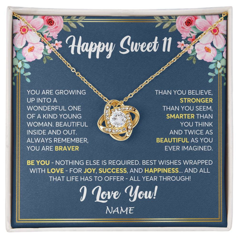 Love Knot Necklace 18K Yellow Gold Finish | Personalized Happy Sweet 11 For Girls Necklace Sweet Eleven 11th Birthday Gifts For 11 Eleven Old For Girl Niece Daughter Customized Gift Box Message Card | teecentury