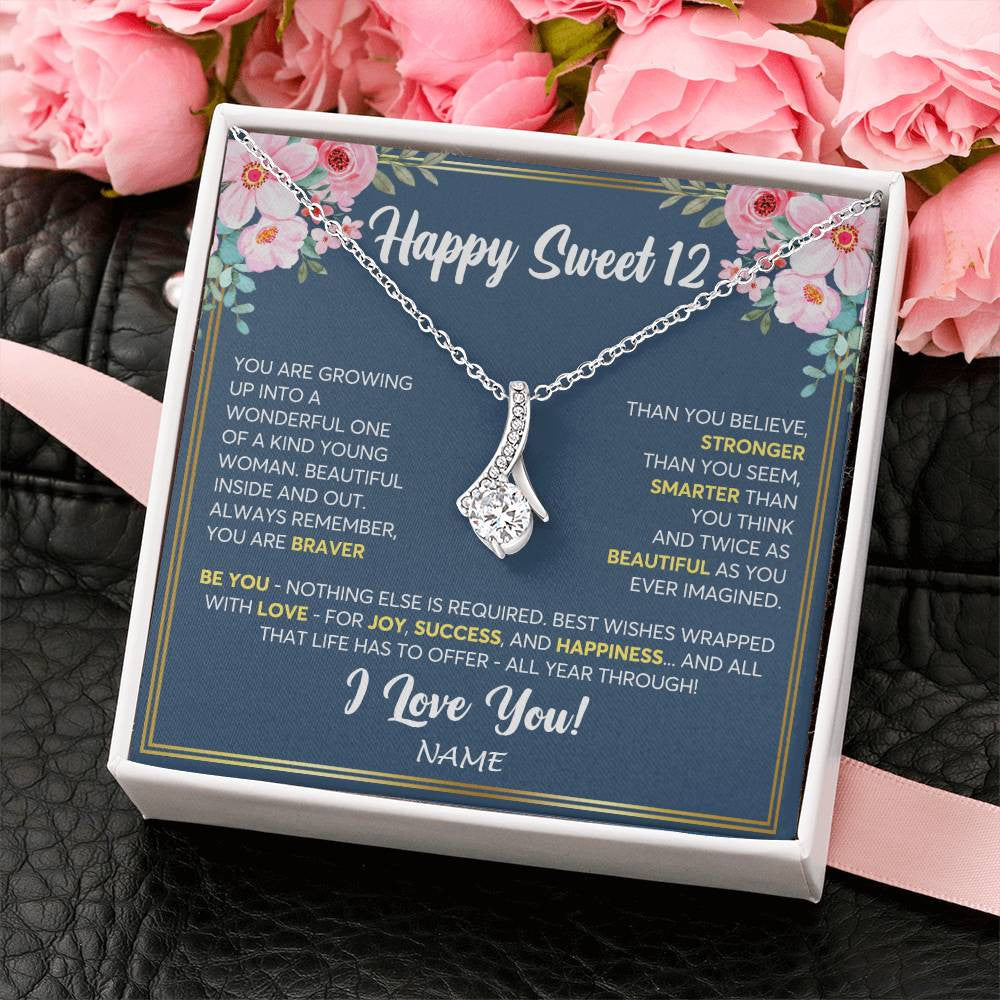 Alluring Beauty Necklace 14K White Gold Finish | Personalized Happy Sweet 12 For Girls Necklace Sweet Twelve 12th Birthday Gifts For 12 Twelve Old For Girl Niece Daughter Customized Gift Box Message Card | teecentury