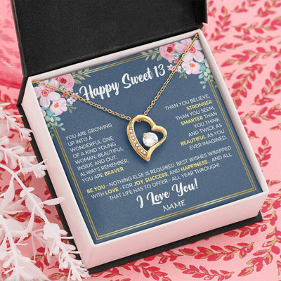 Forever Love Necklace 18K Yellow Gold Finish | Personalized Happy Sweet 13 For Girls Necklace Sweet Thirteen 13th Birthday Gifts For 13 Thirteen Old For Girl Niece Daughter Customized Gift Box Message Card | teecentury