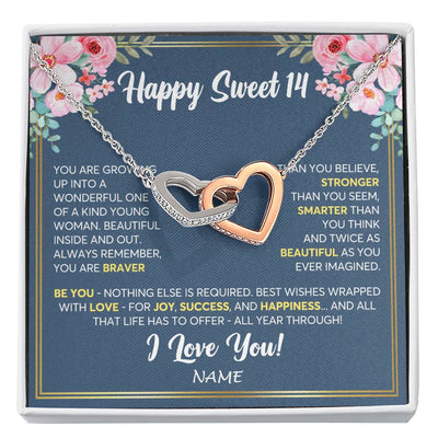 Interlocking Hearts Necklace Stainless Steel & Rose Gold Finish | Personalized Happy Sweet 14 For Girls Necklace Sweet Fourteen 14th Birthday Gifts For 14 Fourteen Old For Girl Niece Daughter Customized Gift Box Message Card | teecentury