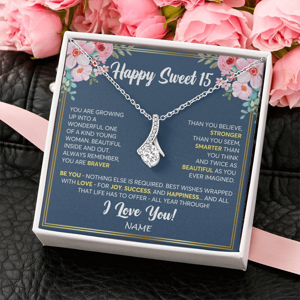 Alluring Beauty Necklace 14K White Gold Finish | Personalized Happy Sweet 15 For Girls Necklace Sweet Fifteen 15th Birthday Gifts For 15 Fifteen Old For Girl Niece Daughter Customized Gift Box Message Card | teecentury