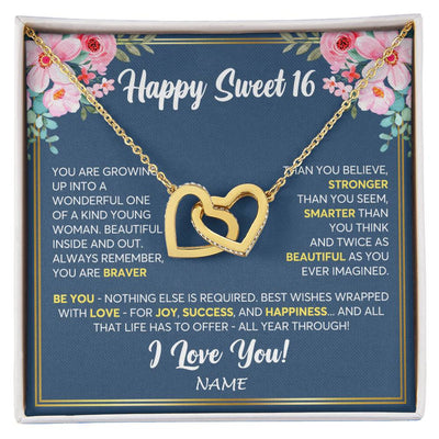 Interlocking Hearts Necklace 18K Yellow Gold Finish | Personalized Happy Sweet 16 For Girls Necklace Sweet Sixteen 16th Birthday Gifts For 16 Sixteen Old For Girl Niece Daughter Customized Gift Box Message Card | teecentury