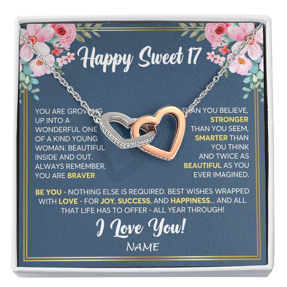 Interlocking Hearts Necklace Stainless Steel & Rose Gold Finish | Personalized Happy Sweet 17 For Girls Necklace Sweet Seventeen 17th Birthday Gifts For 17 Seventeen Old For Girl Niece Daughter Customized Gift Box Message Card | teecentury