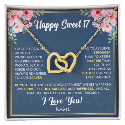 Interlocking Hearts Necklace 18K Yellow Gold Finish | Personalized Happy Sweet 17 For Girls Necklace Sweet Seventeen 17th Birthday Gifts For 17 Seventeen Old For Girl Niece Daughter Customized Gift Box Message Card | teecentury