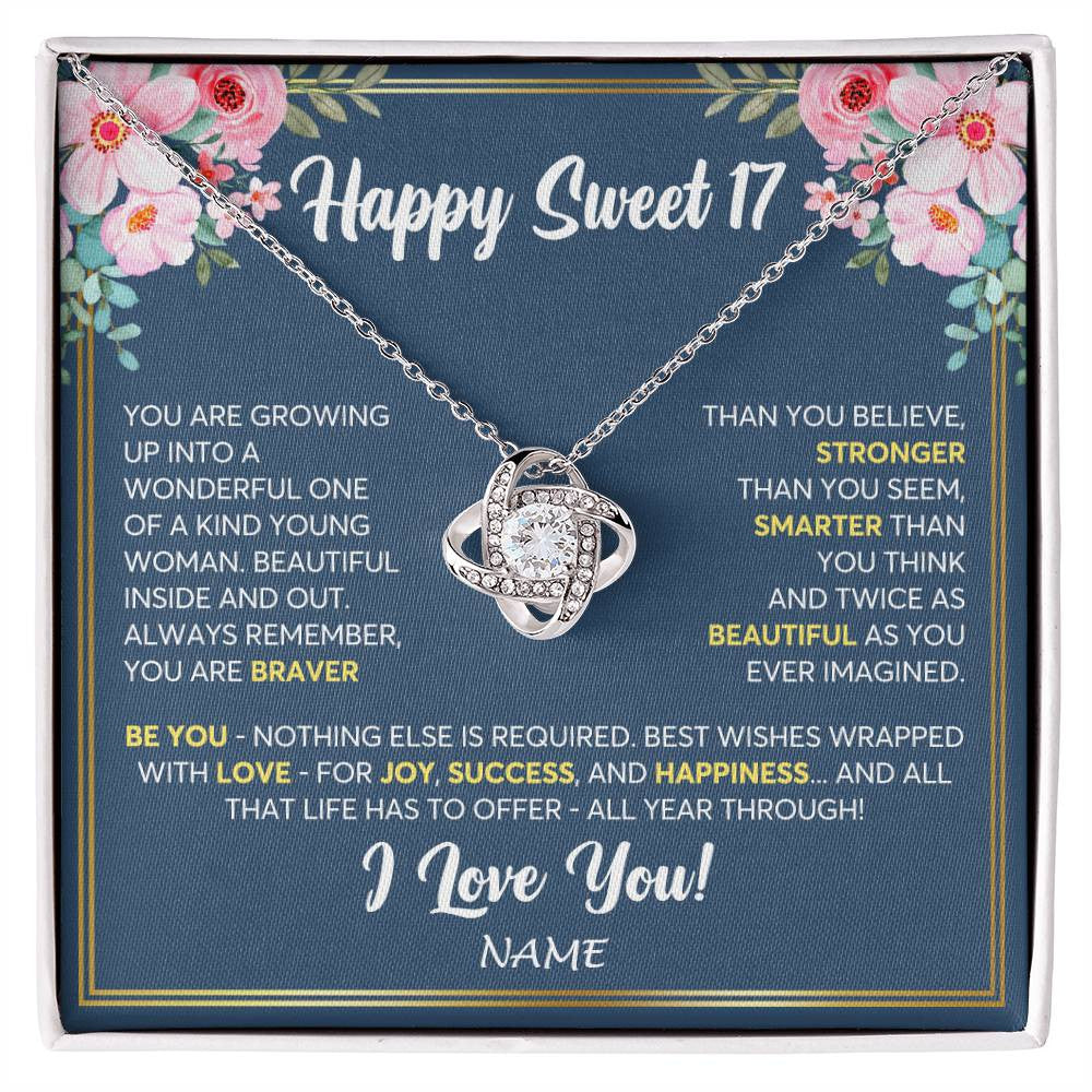 Love Knot Necklace 14K White Gold Finish | Personalized Happy Sweet 17 For Girls Necklace Sweet Seventeen 17th Birthday Gifts For 17 Seventeen Old For Girl Niece Daughter Customized Gift Box Message Card | teecentury