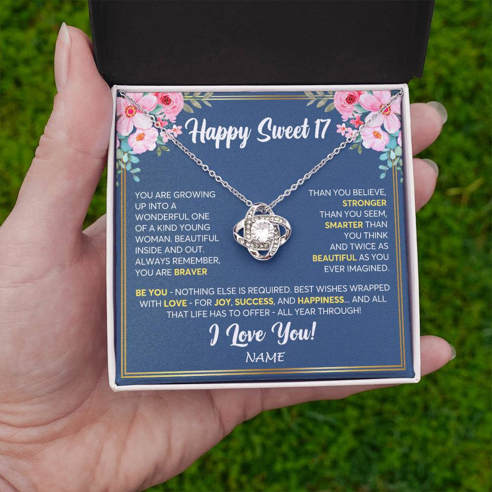 Love Knot Necklace 14K White Gold Finish | Personalized Happy Sweet 17 For Girls Necklace Sweet Seventeen 17th Birthday Gifts For 17 Seventeen Old For Girl Niece Daughter Customized Gift Box Message Card | teecentury