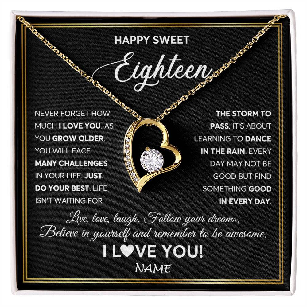 Forever Love Necklace 18K Yellow Gold Finish | Personalized Happy Sweet Eighteen Necklace Sweet 18 Gifts For Girls Birthday Jewelry 18 Eighteen Old Niece Daughter From Mom Dad Customized Gift Box Message Card | teecentury