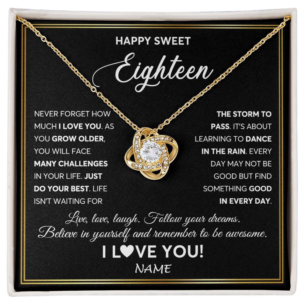 Love Knot Necklace 18K Yellow Gold Finish | Personalized Happy Sweet Eighteen Necklace Sweet 18 Gifts For Girls Birthday Jewelry 18 Eighteen Old Niece Daughter From Mom Dad Customized Gift Box Message Card | teecentury