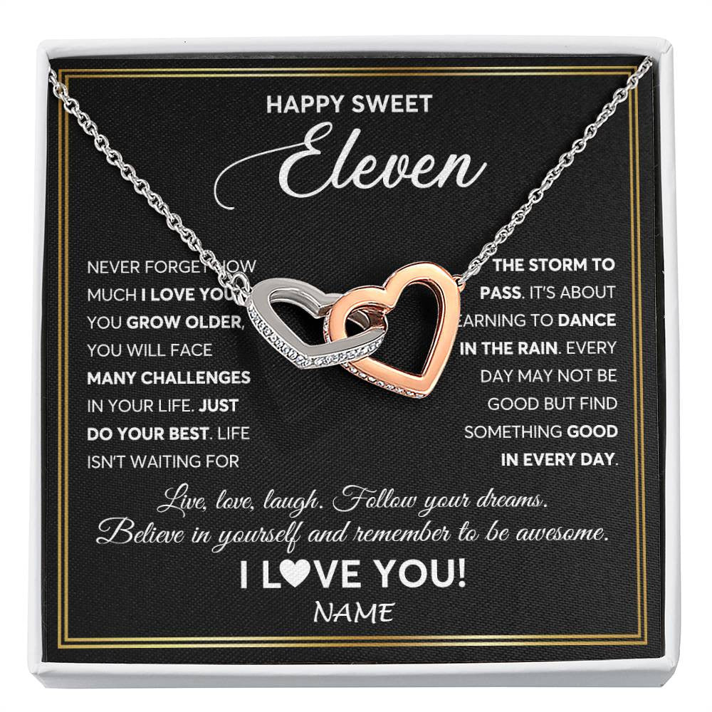 Interlocking Hearts Necklace Stainless Steel & Rose Gold Finish | Personalized Happy Sweet Eleven Necklace Sweet 11 Gifts For Girls Birthday Jewelry 11 Eleven Old Niece Daughter From Mom Dad Customized Gift Box Message Card | teecentury