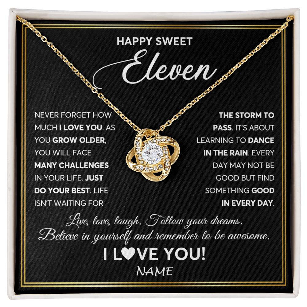 Love Knot Necklace 18K Yellow Gold Finish | Personalized Happy Sweet Eleven Necklace Sweet 11 Gifts For Girls Birthday Jewelry 11 Eleven Old Niece Daughter From Mom Dad Customized Gift Box Message Card | teecentury