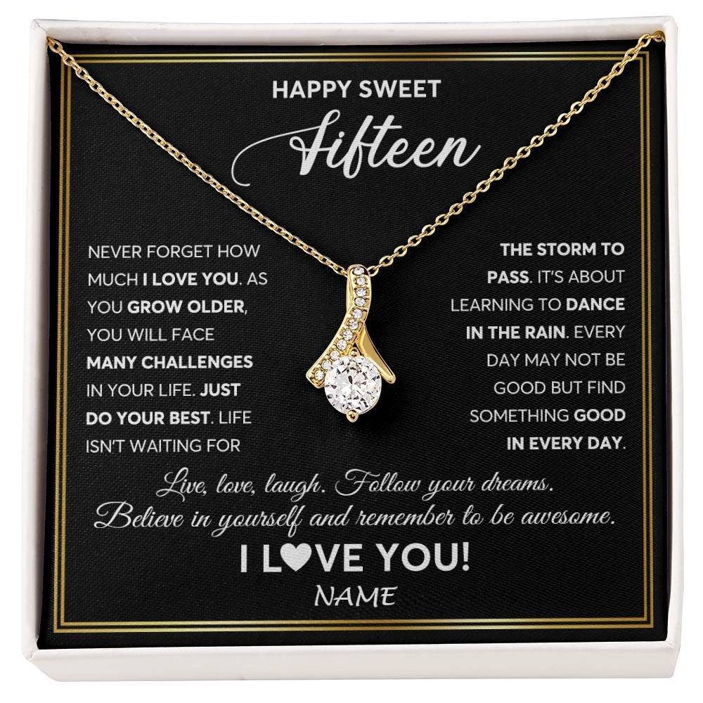 Alluring Beauty Necklace 18K Yellow Gold Finish | Personalized Happy Sweet Fifteen Necklace Sweet 15 Gifts For Girls Birthday Jewelry 15 Fifteen Old Niece Daughter From Mom Dad Customized Gift Box Message Card | teecentury