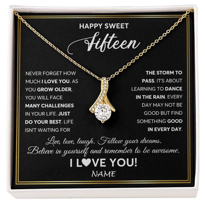 Alluring Beauty Necklace 18K Yellow Gold Finish | Personalized Happy Sweet Fifteen Necklace Sweet 15 Gifts For Girls Birthday Jewelry 15 Fifteen Old Niece Daughter From Mom Dad Customized Gift Box Message Card | teecentury