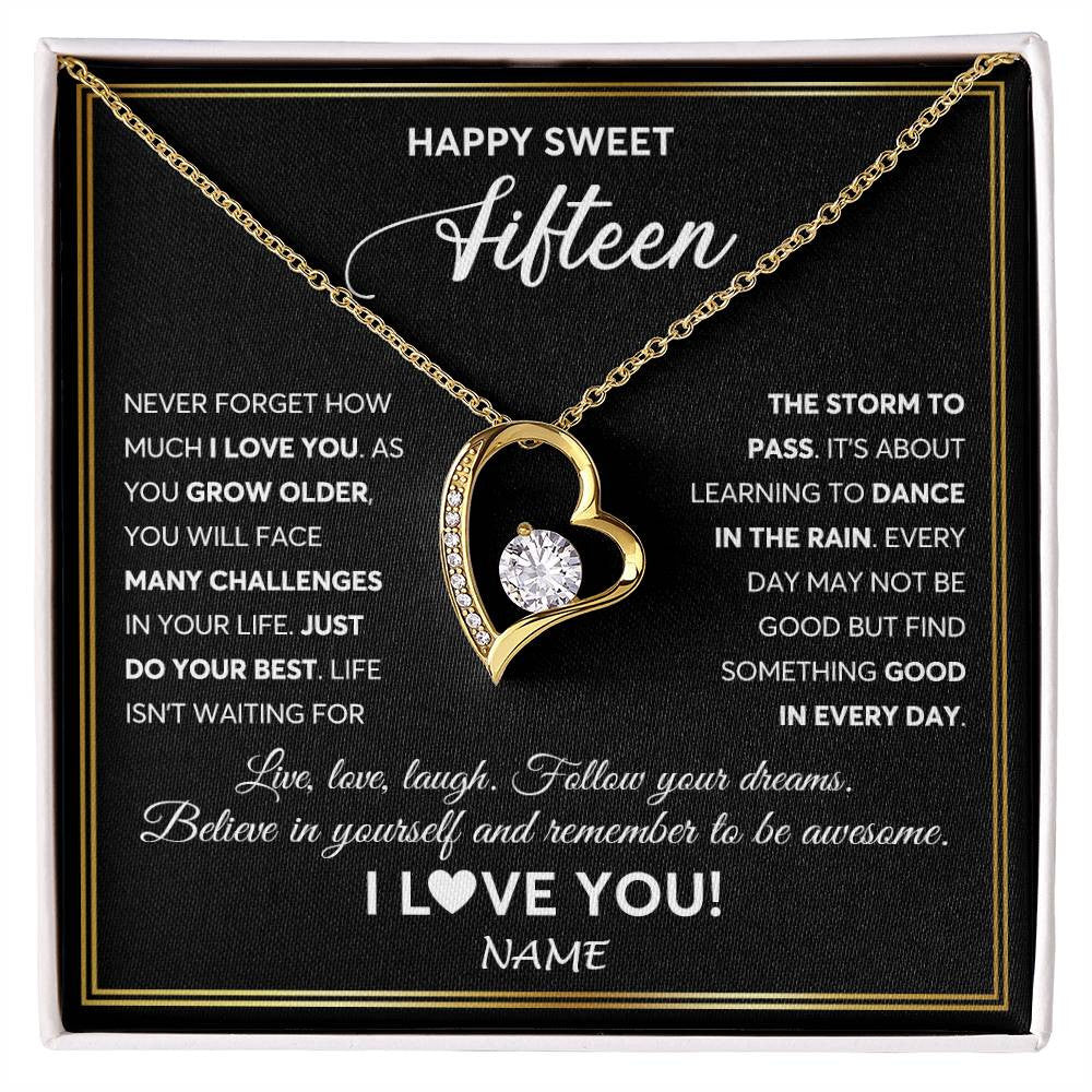 Forever Love Necklace 18K Yellow Gold Finish | Personalized Happy Sweet Fifteen Necklace Sweet 15 Gifts For Girls Birthday Jewelry 15 Fifteen Old Niece Daughter From Mom Dad Customized Gift Box Message Card | teecentury
