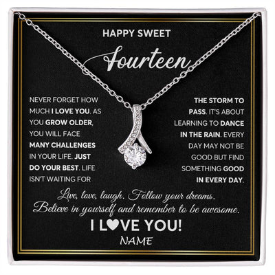 Alluring Beauty Necklace 14K White Gold Finish | Personalized Happy Sweet Fourteen Necklace Sweet 14 Gifts For Girls Birthday Jewelry 14 Fourteen Old Niece Daughter From Mom Dad Customized Gift Box Message Card | teecentury
