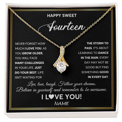 Alluring Beauty Necklace 18K Yellow Gold Finish | Personalized Happy Sweet Fourteen Necklace Sweet 14 Gifts For Girls Birthday Jewelry 14 Fourteen Old Niece Daughter From Mom Dad Customized Gift Box Message Card | teecentury