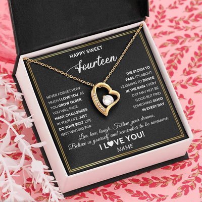 Forever Love Necklace 18K Yellow Gold Finish | Personalized Happy Sweet Fourteen Necklace Sweet 14 Gifts For Girls Birthday Jewelry 14 Fourteen Old Niece Daughter From Mom Dad Customized Gift Box Message Card | teecentury