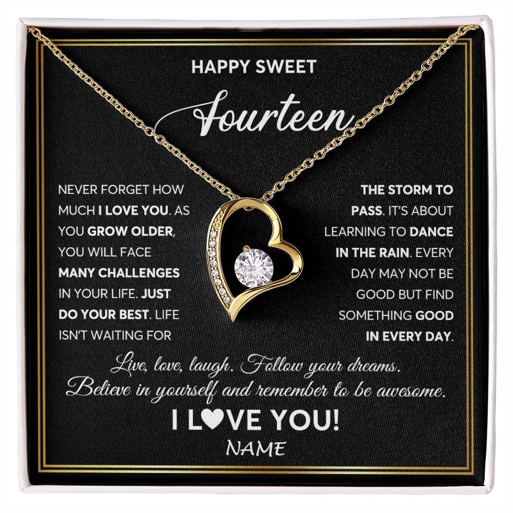 Forever Love Necklace 18K Yellow Gold Finish | Personalized Happy Sweet Fourteen Necklace Sweet 14 Gifts For Girls Birthday Jewelry 14 Fourteen Old Niece Daughter From Mom Dad Customized Gift Box Message Card | teecentury