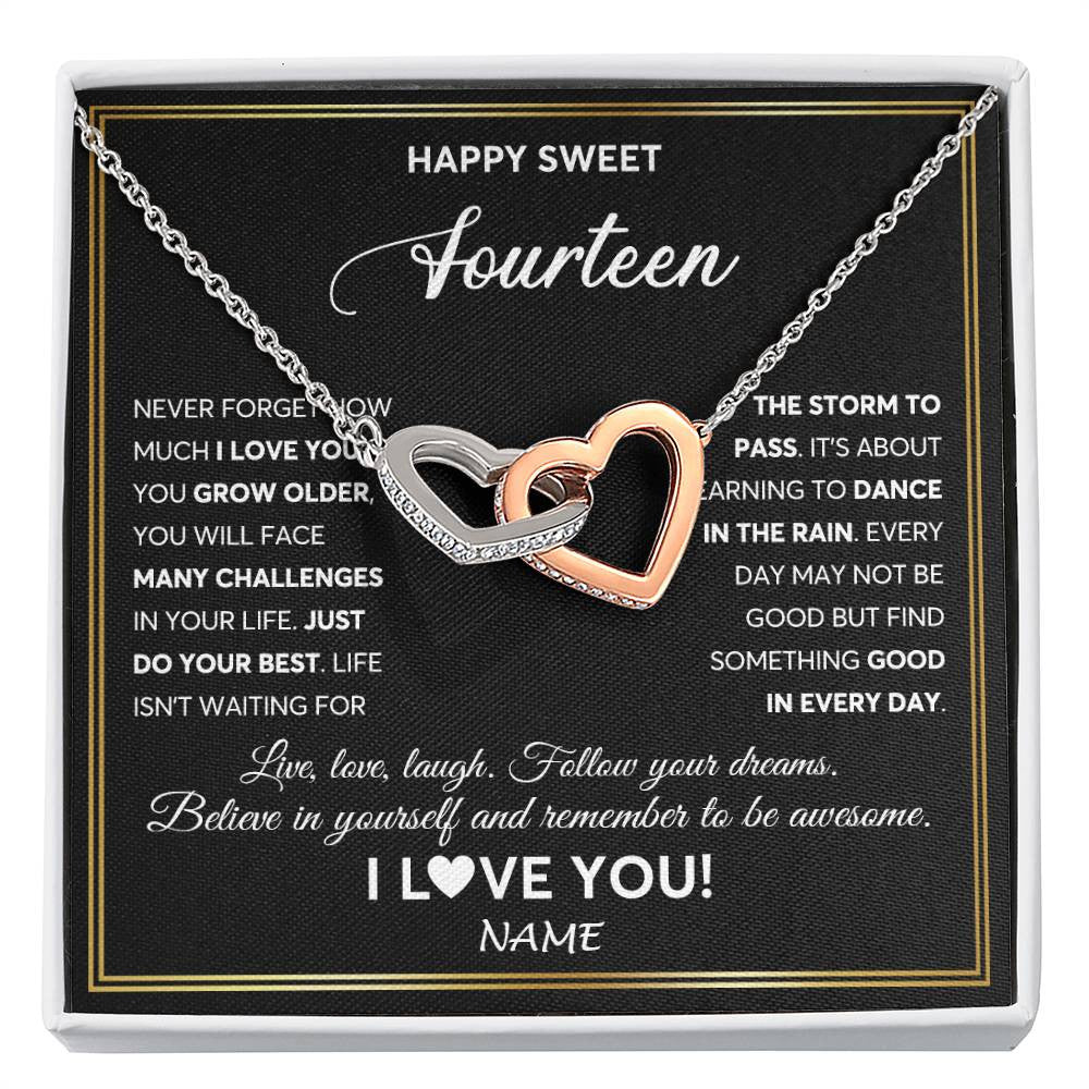 Interlocking Hearts Necklace Stainless Steel & Rose Gold Finish | Personalized Happy Sweet Fourteen Necklace Sweet 14 Gifts For Girls Birthday Jewelry 14 Fourteen Old Niece Daughter From Mom Dad Customized Gift Box Message Card | teecentury