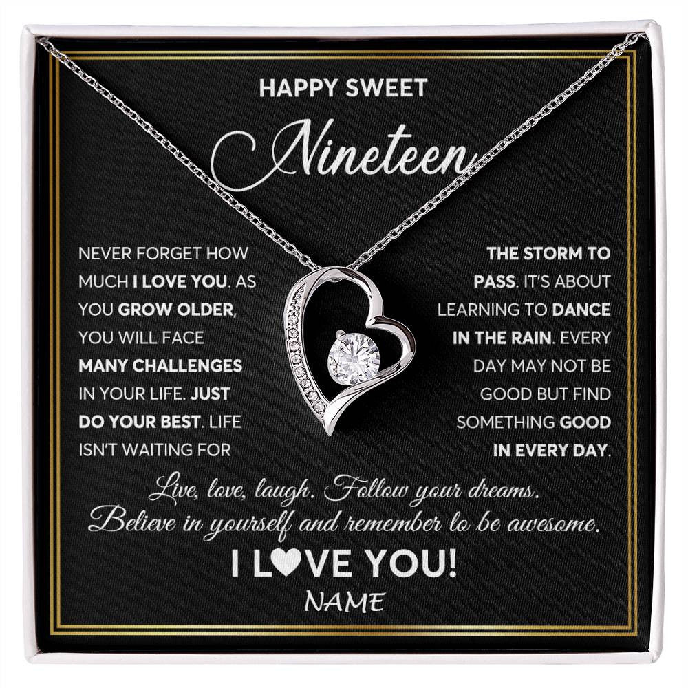 Forever Love Necklace 14K White Gold Finish | Personalized Happy Sweet Nineteen Necklace Sweet 19 Gifts For Girls Birthday Jewelry 19 Nineteen Old Niece Daughter From Mom Dad Customized Gift Box Message Card | teecentury