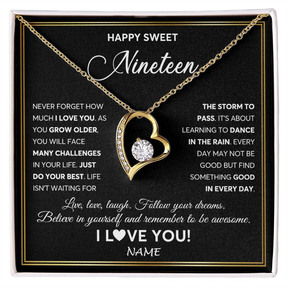 Forever Love Necklace 18K Yellow Gold Finish | Personalized Happy Sweet Nineteen Necklace Sweet 19 Gifts For Girls Birthday Jewelry 19 Nineteen Old Niece Daughter From Mom Dad Customized Gift Box Message Card | teecentury
