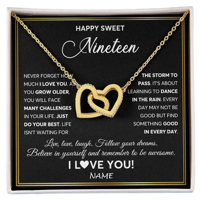 Interlocking Hearts Necklace 18K Yellow Gold Finish | Personalized Happy Sweet Nineteen Necklace Sweet 19 Gifts For Girls Birthday Jewelry 19 Nineteen Old Niece Daughter From Mom Dad Customized Gift Box Message Card | teecentury