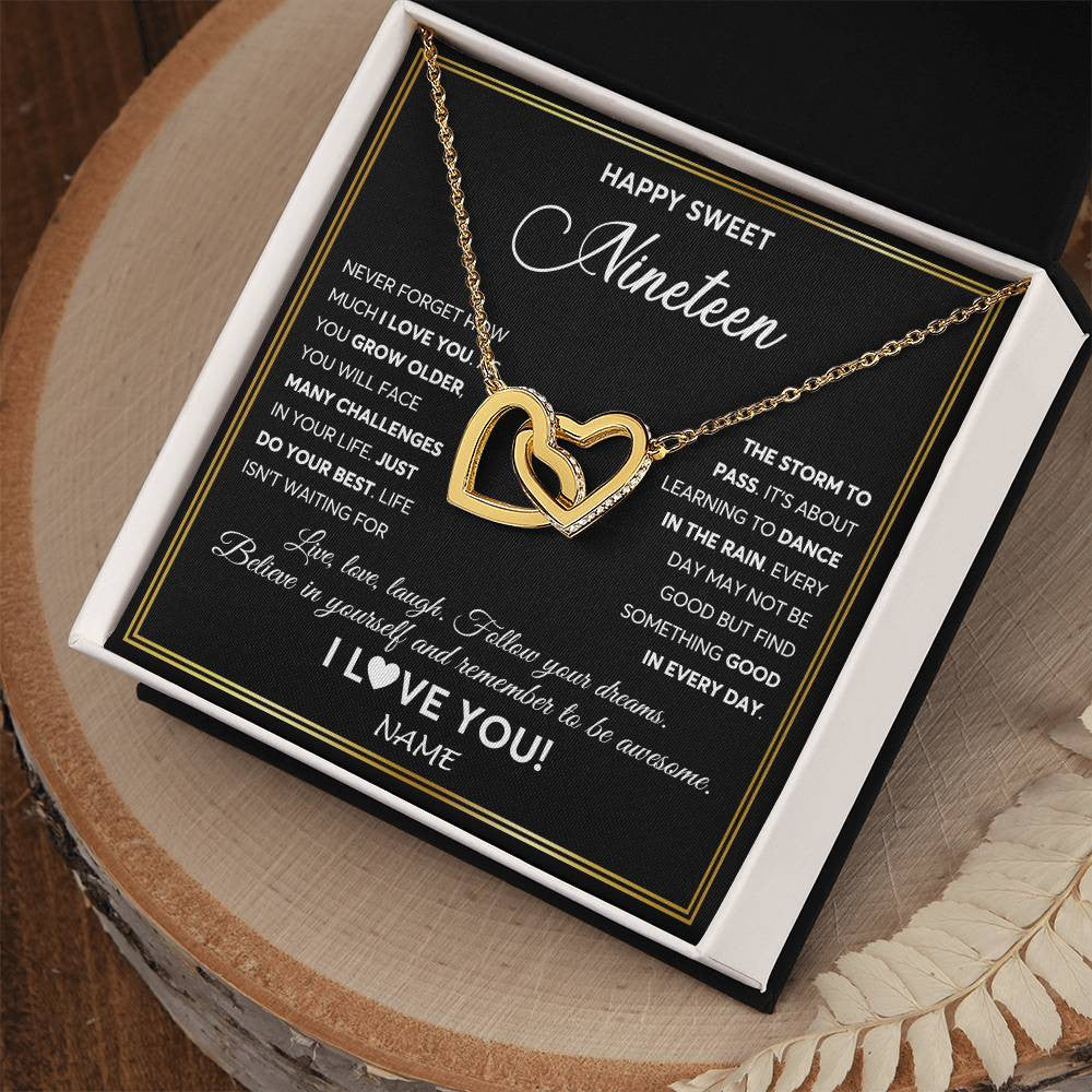 Interlocking Hearts Necklace 18K Yellow Gold Finish | Personalized Happy Sweet Nineteen Necklace Sweet 19 Gifts For Girls Birthday Jewelry 19 Nineteen Old Niece Daughter From Mom Dad Customized Gift Box Message Card | teecentury