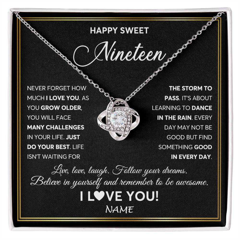 Love Knot Necklace 14K White Gold Finish | Personalized Happy Sweet Nineteen Necklace Sweet 19 Gifts For Girls Birthday Jewelry 19 Nineteen Old Niece Daughter From Mom Dad Customized Gift Box Message Card | teecentury