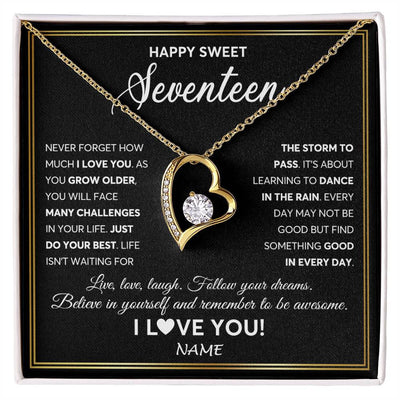 Forever Love Necklace 18K Yellow Gold Finish | Personalized Happy Sweet Seventeen Necklace Sweet 17 Gifts For Girls Birthday Jewelry 17 Seventeen Old Niece Daughter From Mom Dad Customized Gift Box Message Card | teecentury
