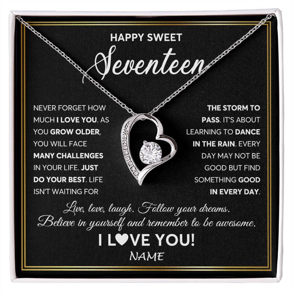 Forever Love Necklace 14K White Gold Finish | Personalized Happy Sweet Seventeen Necklace Sweet 17 Gifts For Girls Birthday Jewelry 17 Seventeen Old Niece Daughter From Mom Dad Customized Gift Box Message Card | teecentury