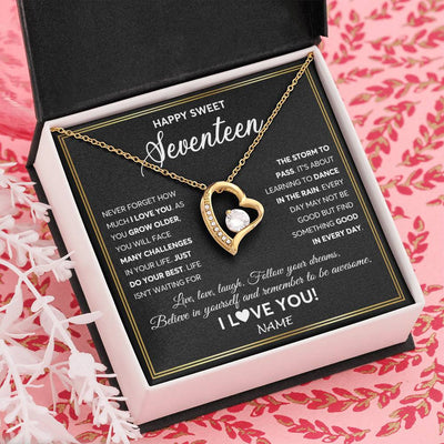 Forever Love Necklace 18K Yellow Gold Finish | Personalized Happy Sweet Seventeen Necklace Sweet 17 Gifts For Girls Birthday Jewelry 17 Seventeen Old Niece Daughter From Mom Dad Customized Gift Box Message Card | teecentury