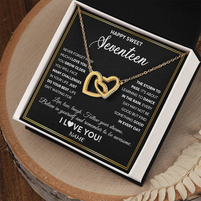 Interlocking Hearts Necklace 18K Yellow Gold Finish | Personalized Happy Sweet Seventeen Necklace Sweet 17 Gifts For Girls Birthday Jewelry 17 Seventeen Old Niece Daughter From Mom Dad Customized Gift Box Message Card | teecentury