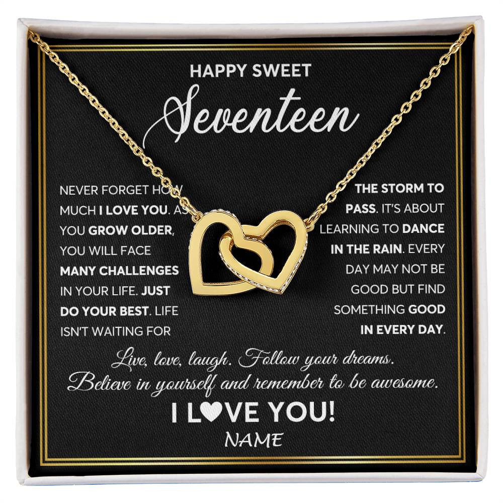 Interlocking Hearts Necklace 18K Yellow Gold Finish | Personalized Happy Sweet Seventeen Necklace Sweet 17 Gifts For Girls Birthday Jewelry 17 Seventeen Old Niece Daughter From Mom Dad Customized Gift Box Message Card | teecentury