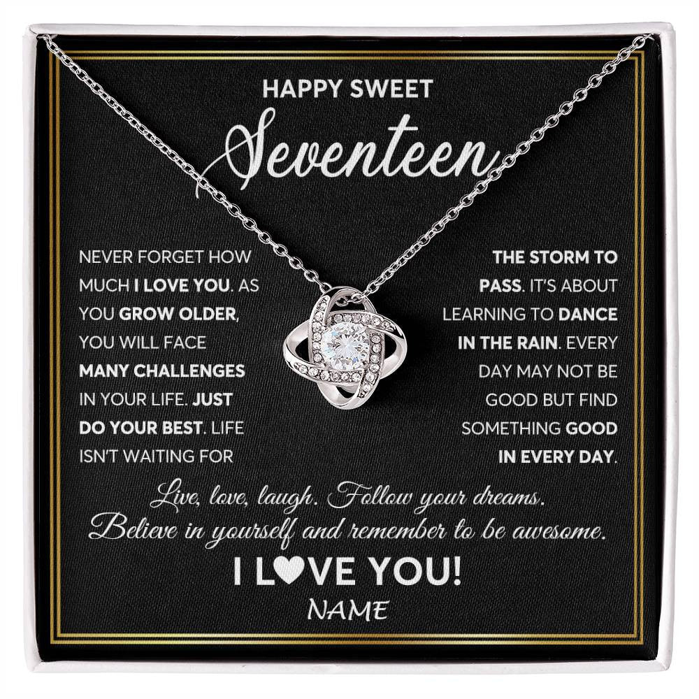 Love Knot Necklace 14K White Gold Finish | Personalized Happy Sweet Seventeen Necklace Sweet 17 Gifts For Girls Birthday Jewelry 17 Seventeen Old Niece Daughter From Mom Dad Customized Gift Box Message Card | teecentury