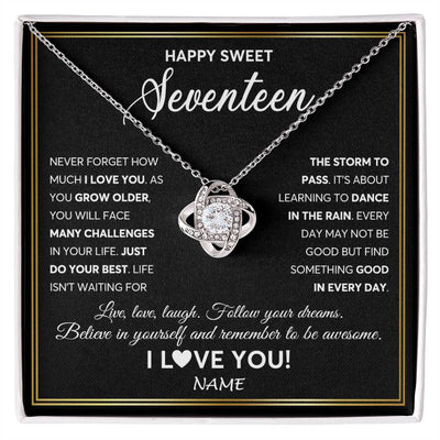 Love Knot Necklace 14K White Gold Finish | Personalized Happy Sweet Seventeen Necklace Sweet 17 Gifts For Girls Birthday Jewelry 17 Seventeen Old Niece Daughter From Mom Dad Customized Gift Box Message Card | teecentury