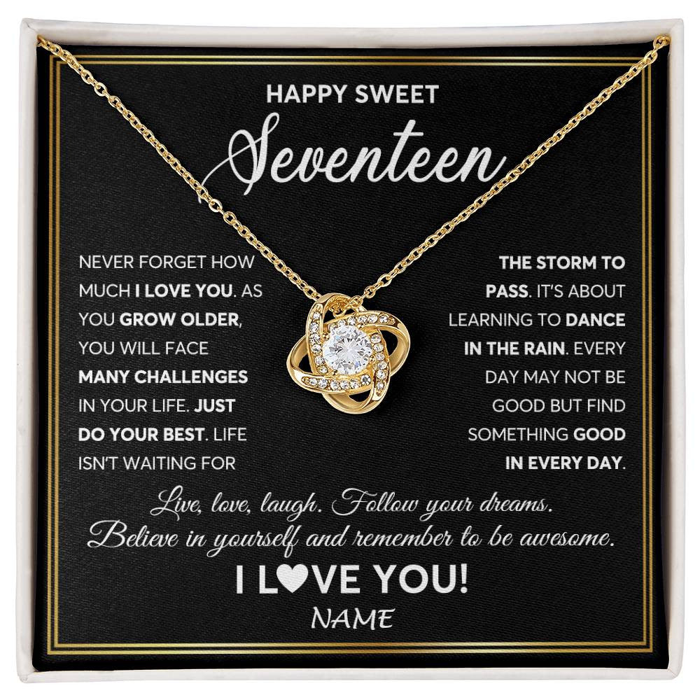 Love Knot Necklace 18K Yellow Gold Finish | Personalized Happy Sweet Seventeen Necklace Sweet 17 Gifts For Girls Birthday Jewelry 17 Seventeen Old Niece Daughter From Mom Dad Customized Gift Box Message Card | teecentury