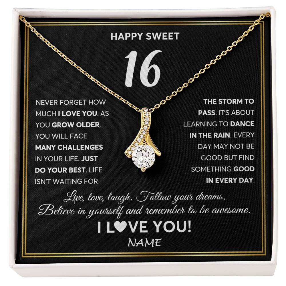 Alluring Beauty Necklace 18K Yellow Gold Finish | Personalized Happy Sweet Sixteen Necklace Sweet 16 Gifts For Girls Birthday Jewelry 16 Sixteen Old Niece Daughter From Mom Dad Customized Gift Box Message Card | teecentury