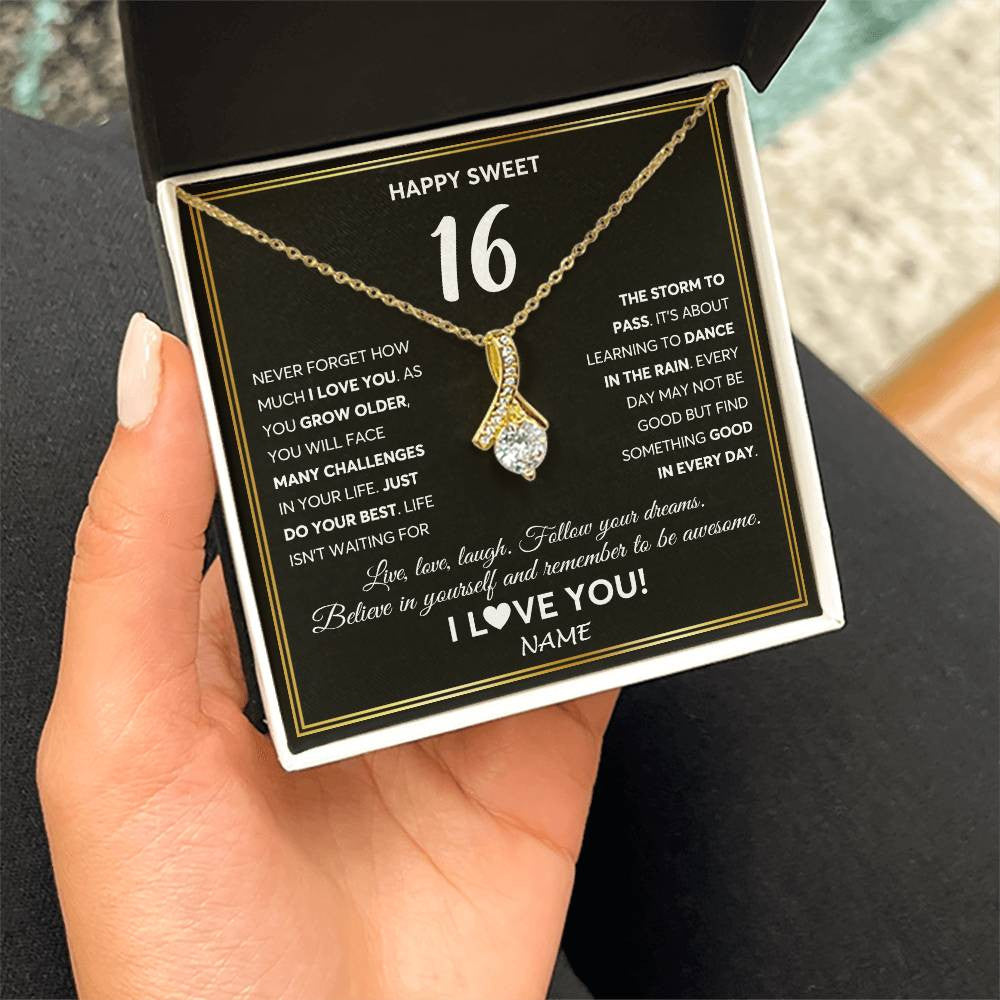 Alluring Beauty Necklace 18K Yellow Gold Finish | Personalized Happy Sweet Sixteen Necklace Sweet 16 Gifts For Girls Birthday Jewelry 16 Sixteen Old Niece Daughter From Mom Dad Customized Gift Box Message Card | teecentury