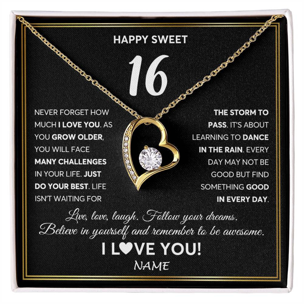 Forever Love Necklace 18K Yellow Gold Finish | Personalized Happy Sweet Sixteen Necklace Sweet 16 Gifts For Girls Birthday Jewelry 16 Sixteen Old Niece Daughter From Mom Dad Customized Gift Box Message Card | teecentury