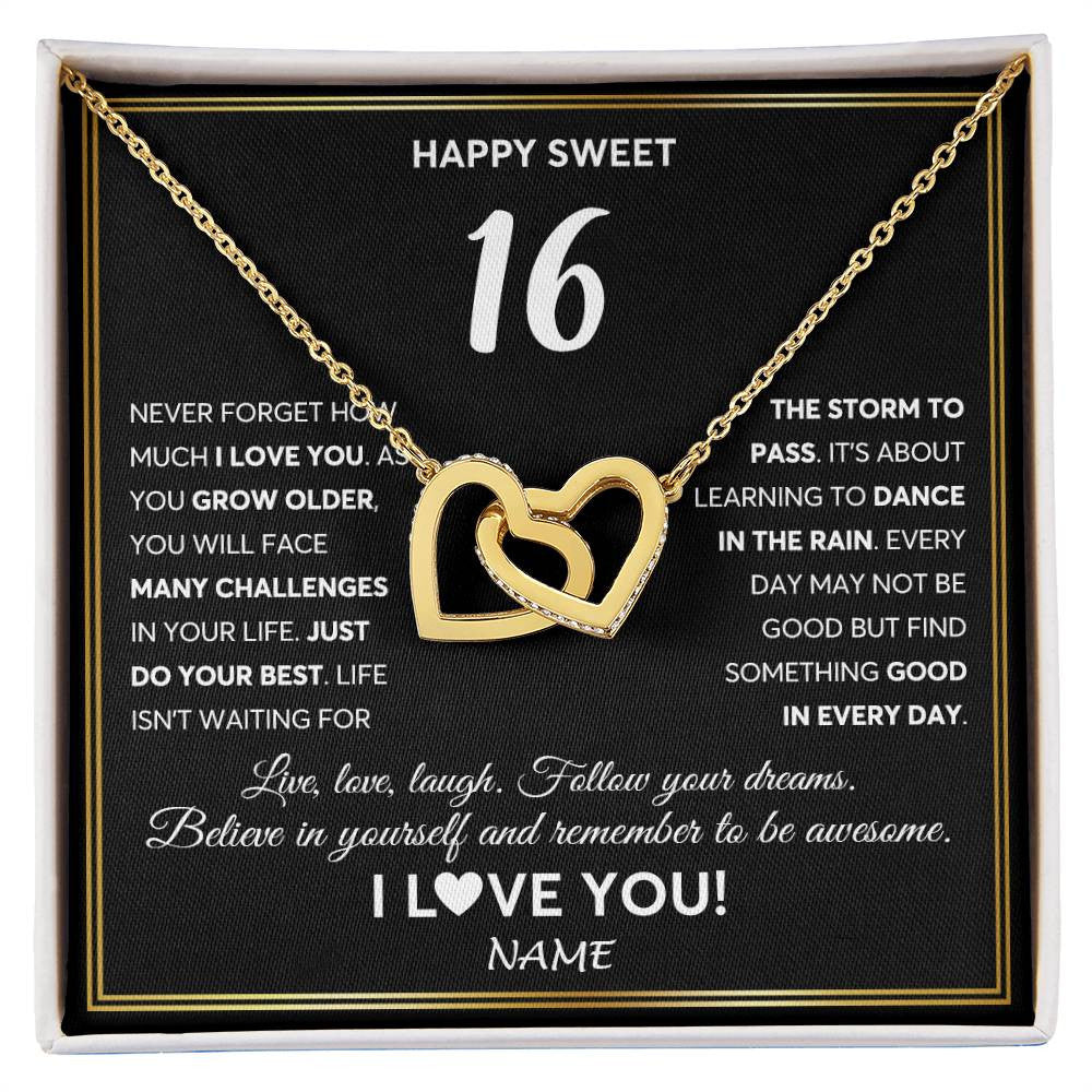 Interlocking Hearts Necklace 18K Yellow Gold Finish | Personalized Happy Sweet Sixteen Necklace Sweet 16 Gifts For Girls Birthday Jewelry 16 Sixteen Old Niece Daughter From Mom Dad Customized Gift Box Message Card | teecentury