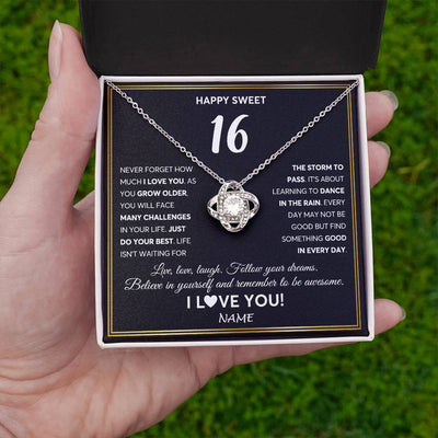Love Knot Necklace 14K White Gold Finish | Personalized Happy Sweet Sixteen Necklace Sweet 16 Gifts For Girls Birthday Jewelry 16 Sixteen Old Niece Daughter From Mom Dad Customized Gift Box Message Card | teecentury