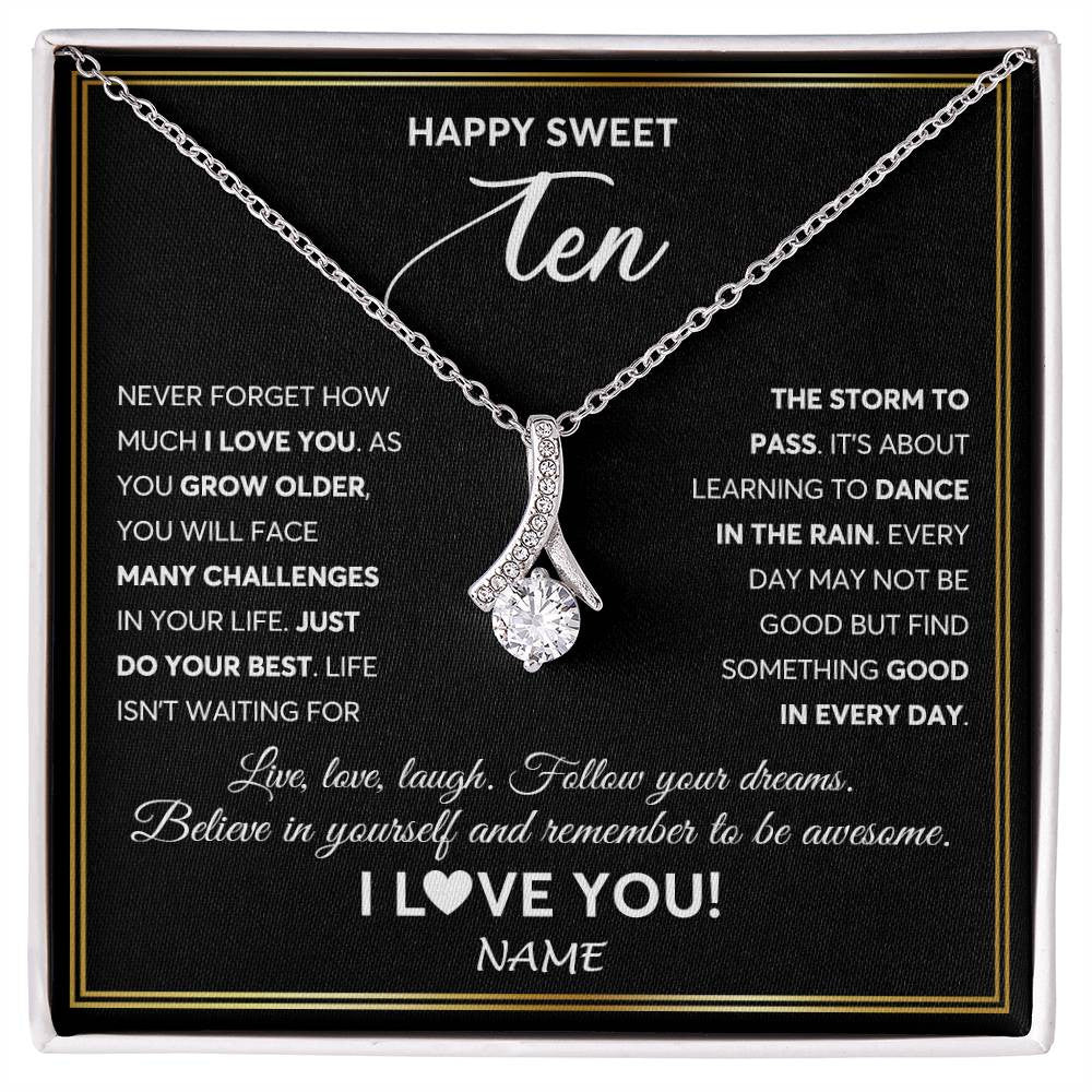 Alluring Beauty Necklace 14K White Gold Finish | Personalized Happy Sweet Ten Necklace Sweet 10 Gifts For Girls Birthday Jewelry 10 Ten Old Niece Daughter From Mom Dad Customized Gift Box Message Card | teecentury