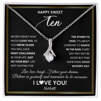 Alluring Beauty Necklace 14K White Gold Finish | Personalized Happy Sweet Ten Necklace Sweet 10 Gifts For Girls Birthday Jewelry 10 Ten Old Niece Daughter From Mom Dad Customized Gift Box Message Card | teecentury