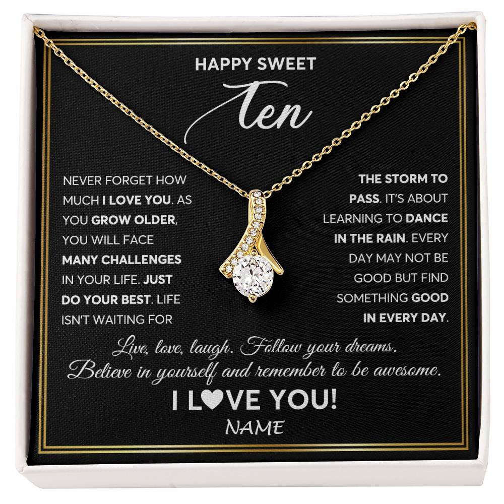 Alluring Beauty Necklace 18K Yellow Gold Finish | Personalized Happy Sweet Ten Necklace Sweet 10 Gifts For Girls Birthday Jewelry 10 Ten Old Niece Daughter From Mom Dad Customized Gift Box Message Card | teecentury