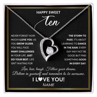 Forever Love Necklace 14K White Gold Finish | Personalized Happy Sweet Ten Necklace Sweet 10 Gifts For Girls Birthday Jewelry 10 Ten Old Niece Daughter From Mom Dad Customized Gift Box Message Card | teecentury